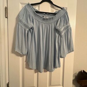 Jennifer Lopez Blue Off The Shoulder Eyelet 3/4 Sleeve Peasant Top